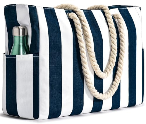 oscaurt Large Beach Bag Stripe Tote Bag with Zip Beach Bags for Women Waterproof Shopping Bag Handbags Pool Bag Holiday Essentials