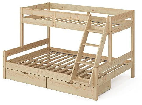 VitaliSpa Etagenbett Everest, Naturholz, 140x200 / 90x200 cm mit Schubladen, mit integrierter Treppe und stabilem Lattenrostsystem