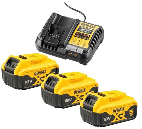 DEWALT 18 Volt / 5 Ah Starter-Set DCB1104P3 (bestehend aus 3x Akkus (DCB 184-XJ) und 1x System-Schnellladegerät (DCB 1104-QW), Ladezustandsanzeige mit 3 LED, passend für alle 18 Volt XR Maschinen)