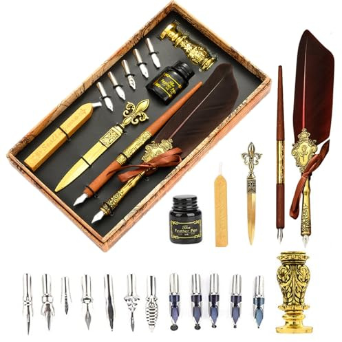 Joyeee Juego de caligrafía para adultos principiantes, incluye kit de cera de sellado antiguo, bolígrafo de inmersión de madera, 17 puntas de bolígrafo de inmersión, base de soporte 2 en 1, marrón