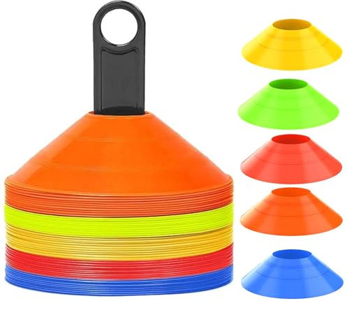 GEERDAN 50 Pezzi Coni da Allenamento, Cinesini per Allenamento Calcio con Maniglia per Il Trasporto, Calcio Accessori, Conetti Allenamento per l'Allenamento del Calcio e Marcatura del Campo(5 Colori)