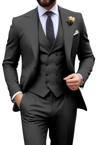 Mens Suit Slim Fit 3 Piece Double Breasted Suit Men Formal Tuxedo Set Casual Wedding Prom Groom Suits, Dark Grey, XS