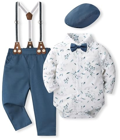 Volunboy Bebe Garçon Costume Gentleman, Noeud Papillon Chemise Carreaux + Pantalon 4 Pièces(12-18 mois,Taille 80,Bleu Imprimé)