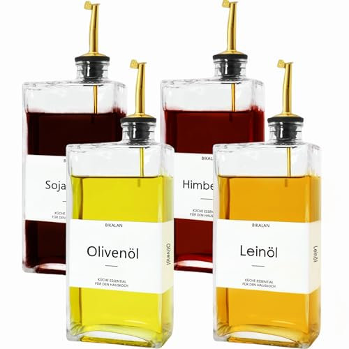 BIKALAN Ölflasche mit Ausgießer, Kaffee Sirup Spender Glas Set, Olivenöl Flasche Set, 500ML Ölspender Glas, Oil Dispenser Sirup Pumpspender mit 40 Aufkleber, Trichter
