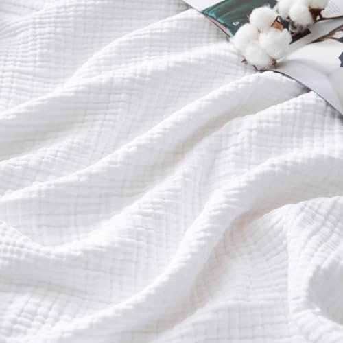 David's Home Pre-Washed 100% Cotton Muslin Blanket Queen Size, 4-Layer Soft Throw for Bed Couch, Breathable & Lightweight Blankets for Adults Hot Sleepers, Room Decor, Luxury Gift, White, 90 * 90