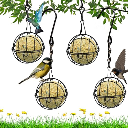 4 Piezas Comederos Pájaros Exterior Metal, Comedero Bolas Grasa Aves Silvestres con 4 Ganchos Forma S, Estación Alimentación Pájaros Salvajes Colgante para Jardín, Balcón, Bosque, Petirrojo (Negro)