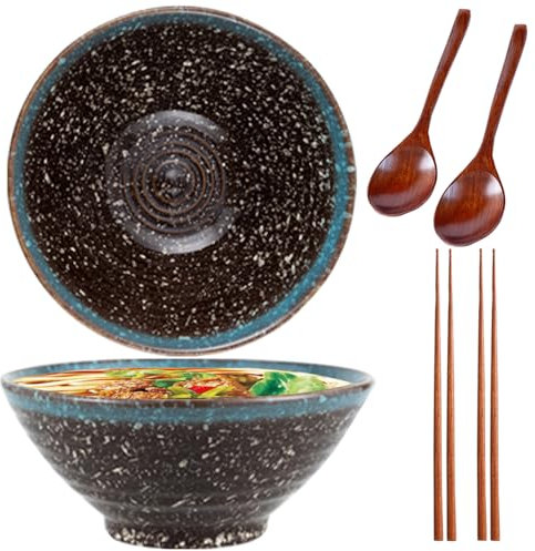 Sightday Juego de 2 cuencos para ramen de 1500 ml, cuencos de cerámica para fideos con cucharas y palillos, color azul, estilo japonés