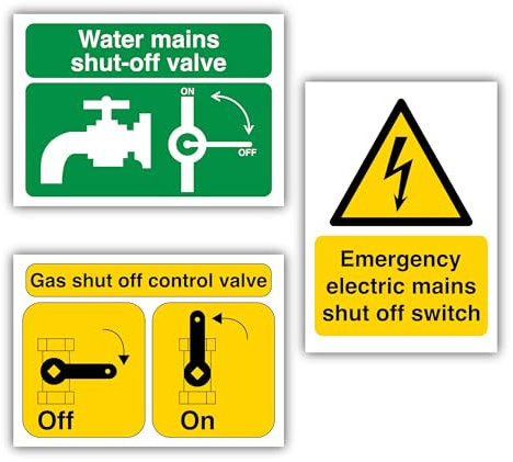 105mm x 148mm Pack of 3 Water Mains, Gas Mains Shut Off Valve & Emergency Electric Mains Shut Off Switch Signs – Self Adhesive Polypropylene Glossy-Laminated A6 Stickers