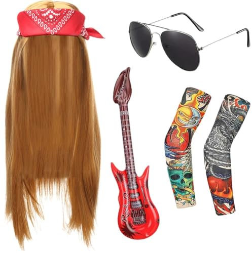 Rocker-kostüm-Set, Punk-Gothic-Rocker-kostüm-zubehör Perücke, Gitarre, Sonnenbrille, Bandana, Temporäre Tattoo-ärmel, 70er-80er-jahre-kostüm Für Männer Und Frauen