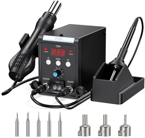 Heißluft Lötstation, 700W 2-in-1 Entlötstation Rework Station Lötkolben Station mit LED Display, 120L/min heißluftlötstation 1-8 Gängen Lötstation mit 3 Luftdüsen für Elektronikreparatur DIY Projekten