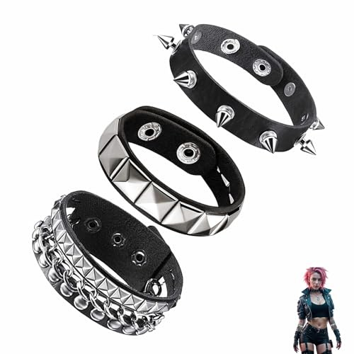 3 Pezzi Punk Rock Bracciale Gotico Bracciale Regolabile per Halloween Braccialetti con Borchia in Pelle Nero per Uomo Donna