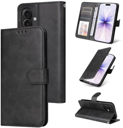 E-Lush Coque pour iPhone 17 Cuir PU, Portefeuille Etui Coque Magnétique Flip Case avec Fonction Support Fente Carte Housse 360 Degrés Antichoc Protection, Noir