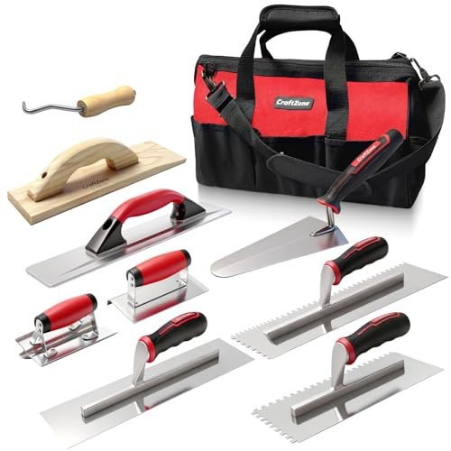 9 Pcs Masonry Hand Tool Set Concrete Trowel Set Includes Large Flat Finishing Wood Float Concrete Edger and Groover Wire Twister Margin Gauging in a Tools Bag