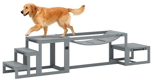 PawHut Hunde Agility Set 3-teiliges Set Agility-Ausrüstung mit Brücke, Treppe, Plattform, Hundetraining aus Tannenholz für mittelgroße, große Hunde bis 40 kg, Grau
