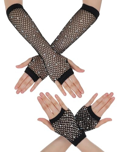 Matwsec 2 Pairs Fishnet Gloves Short Fingerless Gloves | Wiyh Rhinestone Fishnet Arm Sleeves for 80s 90s Party Cosplay Halloween Costumes Accessories