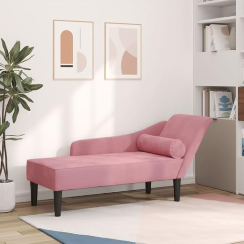 Boltkex Chaiselongue rosa sammet med kudde 141 x 55,5 x 66,5 cm, ergonomisk recamiere, vadderad sits med ryggstöd och armstöd för vardagsrum, sovrum, läshörn