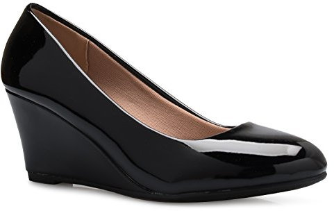 Olivia K Women's Adorable Low Wedge Heel Shoe - Easy Low Pumps - Basic Slip On, Comfort, Black Patent, 6 B (M) US