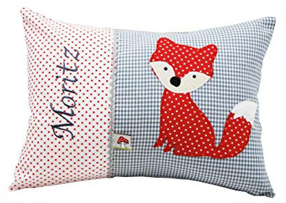 Glückspilz Namenskissen Babykissen I Fuchs (Rot Grau, 25 x 35 cm)