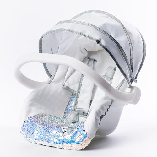 Roma Polly Dolls Car Seat - Luxurious Quilted Design, Sequin Detailing, Extendable Canopy, Head Hugger, 3-Point Safety Harness, Dolls Up to 42cm