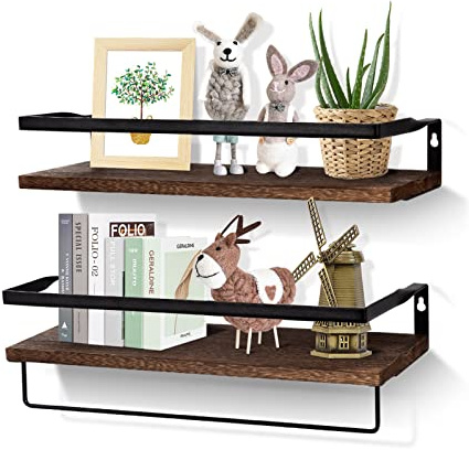 Uten Floating Shelves, Decorative Shelf Set of 2 Rustic Shelves with Rail, Wall Shelves for Bathroom, Bedroom and Kitchen