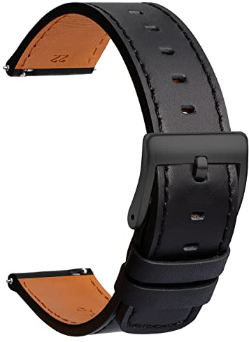 TStrap Leather Watch Strap 22mm - Quick Release Watch Band Black Soft - Sport Watch Straps for Men Women Replacement - Smart Watch Bracelet Black Clasp - 18mm 19mm 20mm 21mm 22mm