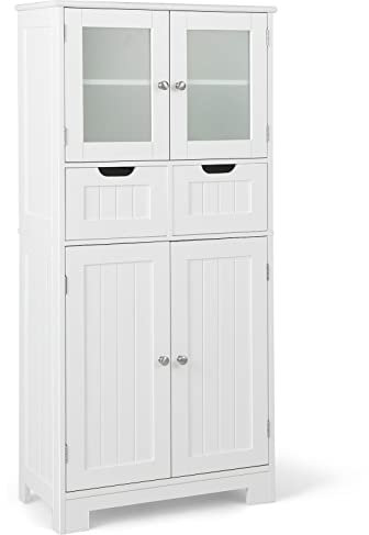 COSTWAY Badschrank mit 2 Schubladen und 4 Türen, Badezimmerschrank mit verstellbaren Regalen, Badkommode Aufbewahrungsschrank für Badezimmer, Küche, Wohnzimmer (Weiß)