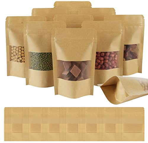 AUAUY 42PCS Sachet Alimentaire, Sac Papier Kraft avec Fenetre, Réutilisable Sachet Craft, Standable Sachet Zip Emballage, S'appliquent aux Noix Grains Café Thé Épices(10x15cm)
