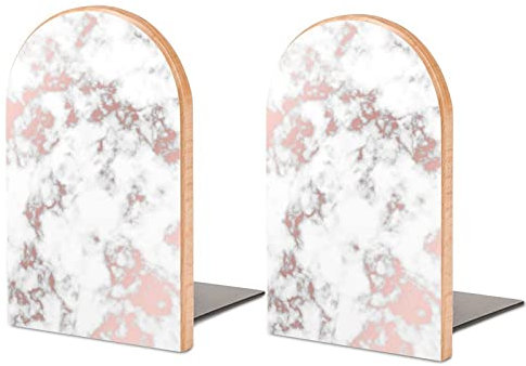 Niapessel Book Ends Bookends for Shelves to Hold Books Rose Gold Marble Print Small Non-Slip Book Stoppers Wood Decorative Home Office Desk