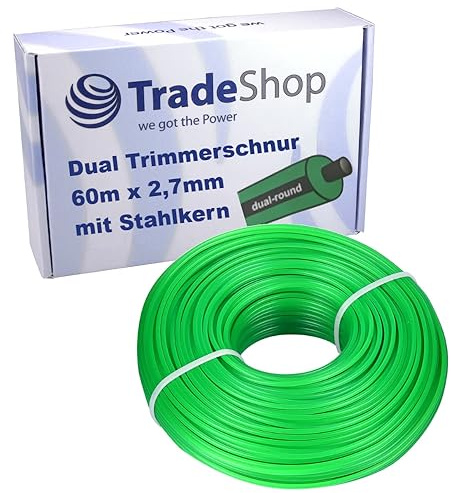 Trade-Shop Dubbel trimmersnöre trimmertråd rund tråd 60 m x 2,7 mm med stålkärna kompatibel med Stihl Dolmar Husqvarna Echo WeedEater Craftsman grästrimmer