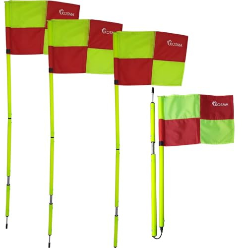 Kosma Confezione da 4 bandiere angolari pieghevoli con picchetto e molla, palo giallo 1,5 m x 25 mm con motivo a quadrante verde e rosso, bandiera e borsa per il trasporto