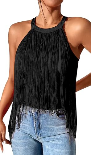 FEOYA Top da donna con frange all'americana orlo asimmetrico con nappe senza maniche Halter Top Cowgirl tinta unita Boho Camisole Rave camicie country concerto festival abiti, 02 Nero, XL