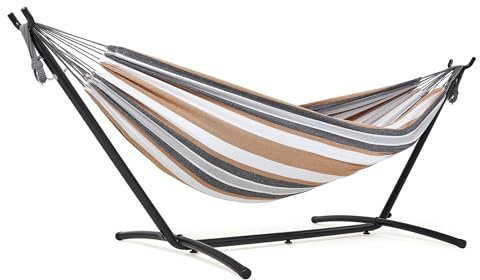 Mondeer Hängematte mit Hängemattengestell, Doppel Baumwolle mit Gestell für 2 Personen, Tragbare Outdoor & Indoor Terrasse Hof Garten, Belastbarkeit bis 200 KG, Gelblich Braun