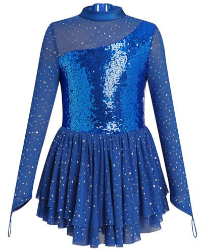 Figure Skating Dress for Girl Sparkly Sequins Mock Neck Toddler Ice Skating Rhythmic Gymnastics Leotard with Chiffon Skirt Teen Ballerina Lyrical Ballet Dance Costume Blue 5-6 Years
