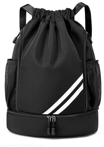CCAIPU Zaino con coulisse, Sacca da ginnastica borsa sportiva da palestra impermeabile con scomparto per scarpe e tasche laterali in rete per donne e uomini (Nero)