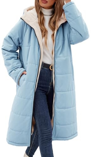 Tuopuda Chaqueta con Capucha Gruesa de Abrigo Largo de Invierno para Mujer Reversible Abrigo de Forro Polar con Cremallera y Bolsillos(Azul,L)