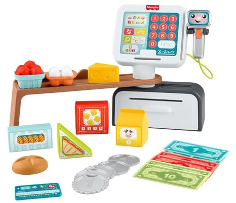 Fisher-Price Laugh & Learn Juguete de aprendizaje para niñas y niños pequeños Caja registradora para contar y comprar, tienda de juguete con 20 piezas, versión multilingüe, a partir de 2 años, JGX00