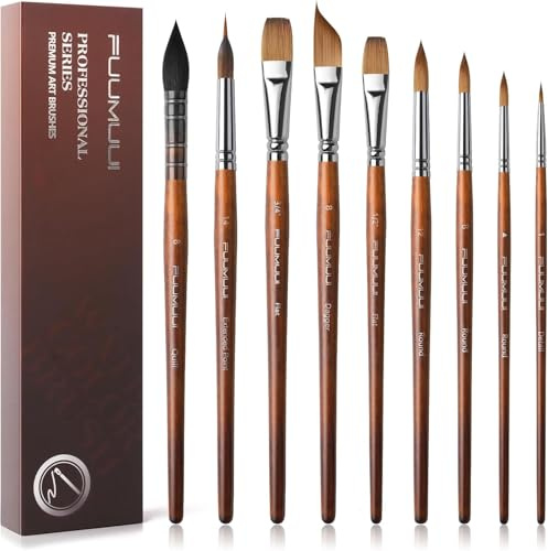 Professional Sable Watercolour Brushes 9pcs, Fuumuui Artist Paint Brush Set, Squirrel Hair Mop Brush, Extended Point Brush, Round Point, Flat, Dagger for Watercolor Gouache Inks Painting