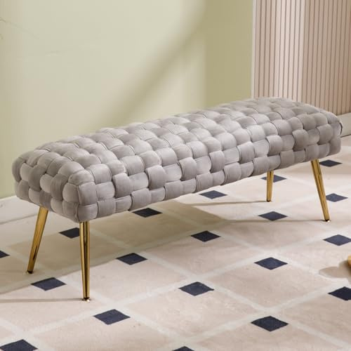 Ya-Home Banquette en Velours Banc Entrée Bout de Lit avec Pieds en Métal Doré Banc Ottoman pour Chambre Salon, Gris