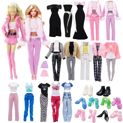 18 pz Abbigliamento per Bambola Compatibile con Barbie da 29,2 cm, Outfit per Bambola alla Moda con 1 Giacca in Pelle, 1 Gonna in Pelle, 4 Cinghie, 1 Gonna Lunga, 2 Cappotti, 3 Pantaloni Lunghi, 1