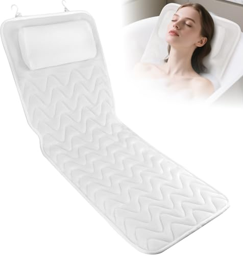 LOOWARTS Almohada de Baño pour le Corps Entier, Cojín de Baño con Tecnología 4D Air Mesh para Cabeza, Cuello, Espalda y Hombros, Almohada Bañera con 11 Ventosas Antideslizantes, Blanco