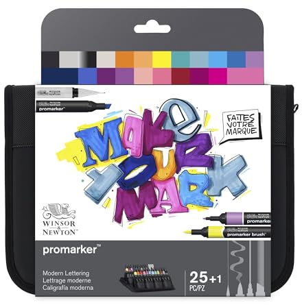 Winsor & Newton Promarker & Fineliner - Set de rotuladores de Caligrafía Moderna, Estuche de 26