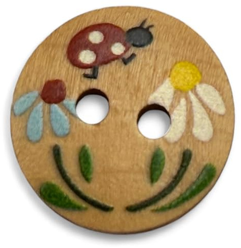 KnitForLess Natural Wooden Buttons, 15mm Round Ladybug Design, 2-Hole, Hand-Painted for Children's Crafts and Clothing, Pack of 10