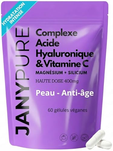 Ácido Hialurónico Puro 400 mg + Vitamina C 200 mg | Complejo Antienvejecimiento y Antiarrugas | Hidratación Intensa Piel, Brillo del Tinte y Articulaciones | Magnesio y Silicio | 60 Cápsulas Veganas |