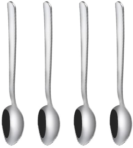 HUZNA 4 Pezzi Cucchiaio da Frutta,Cucchiaio In Acciaio Inossidabile con Bordo Seghettato,Cucchiai da Gelato Lunghi in Acciaio Inox,Adatto Per Mangiare Mela Kiwi Arancia Papaya e Gelato