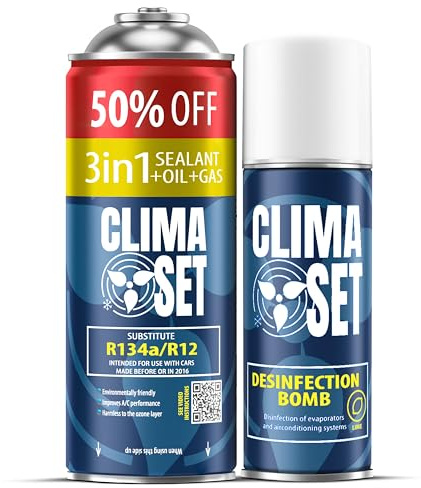 ClimaSet – 3-i-1 R134a köldmedium, olja, tätningsmedel XL & luftkonditioneringsrengöringsmedel för bilar – Luftkonditionering Självpåfyllningsset – Påfyllningsset, Bilklimat Påfyllning – 235 g