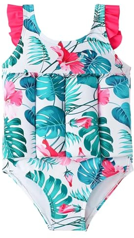 Maillot de Bain Flottant Enfant Fille Imprimé Manches Courtes Maillot de Bain Une Pièce Maillot de Bain Bouée Intégré avec des Bâtons de Flottabilité pour Natation Débutant Training