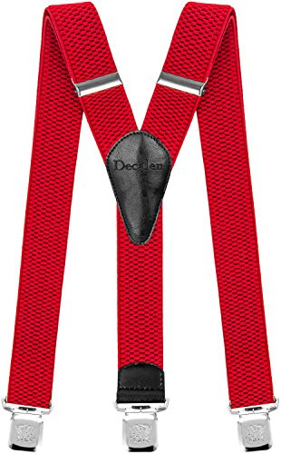 Decalen Mens Suspenders with Very Strong Clips Heavy Duty Braces One Size Fits All Big and Tall Wide Adjustable and Elastic Y Shape (Red)