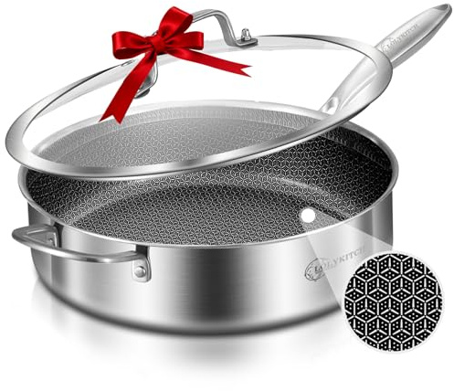LOLYKITCH 6 QT Large Skillet with Lid, 12 Inch Nonstick Deep Frying Pan, Tri-Ply Stainless Steel Hybrid Saute Pan for Family Meals, Induction Oven Compatible Ceramic Coated, Detachable Handle