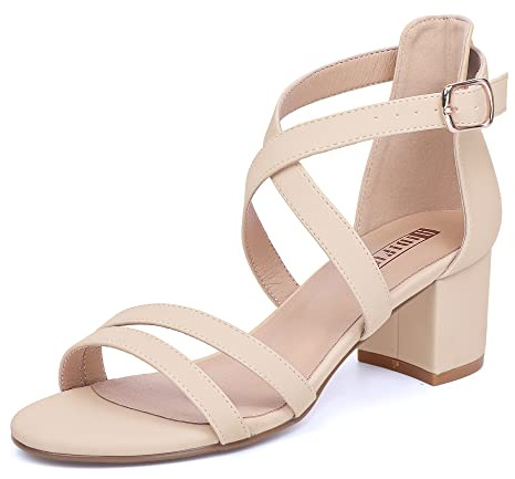 IDIFU Women's Block Low Chunky Heel Strappy Sandals Open Toe Ankle Strap Dress Wedding Evening Shoe for Women Bridal (Nude Nubuck, 8.5 M US)