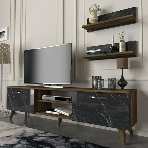 Dmora Parete attrezzata Aegir, Composizione Soggiorno, Mobile Salotto Multiuso, Armadio Porta TV, 150x30 h41 cm, Noce e Grigio